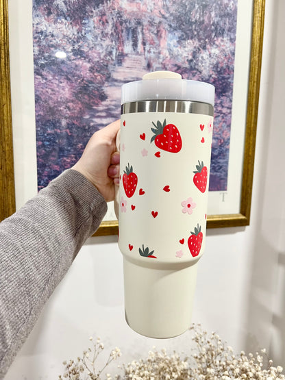 Thermos 40oz Beige: Strawberries