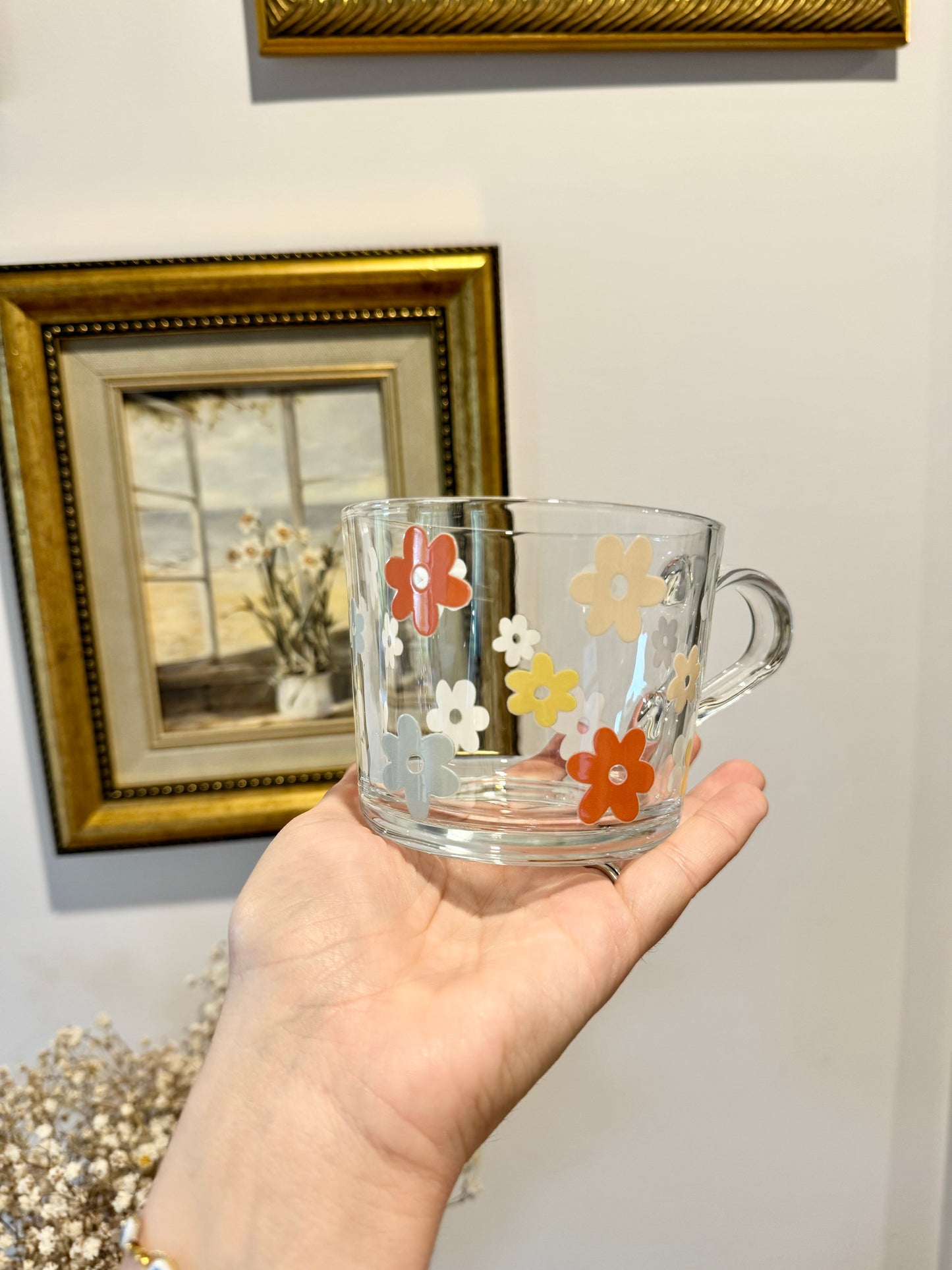 Verre : Fleurs orangés et bleus