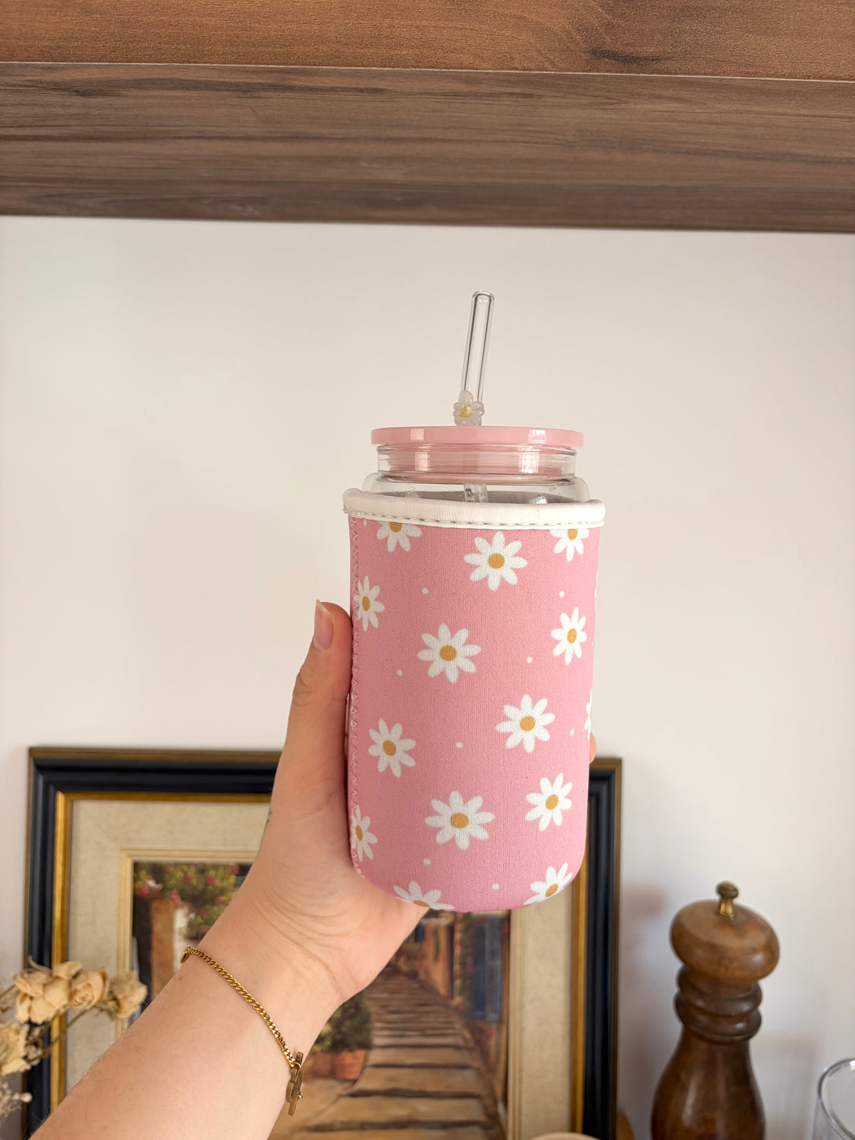 Manchon : Rose avec fleurs blanches