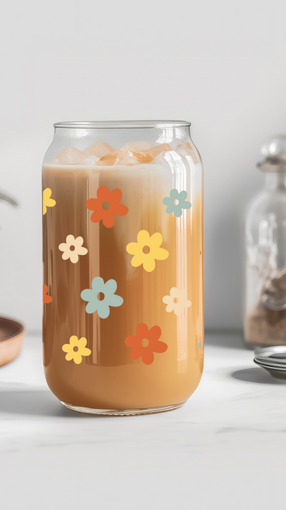 Verre : Fleurs orangés et bleus