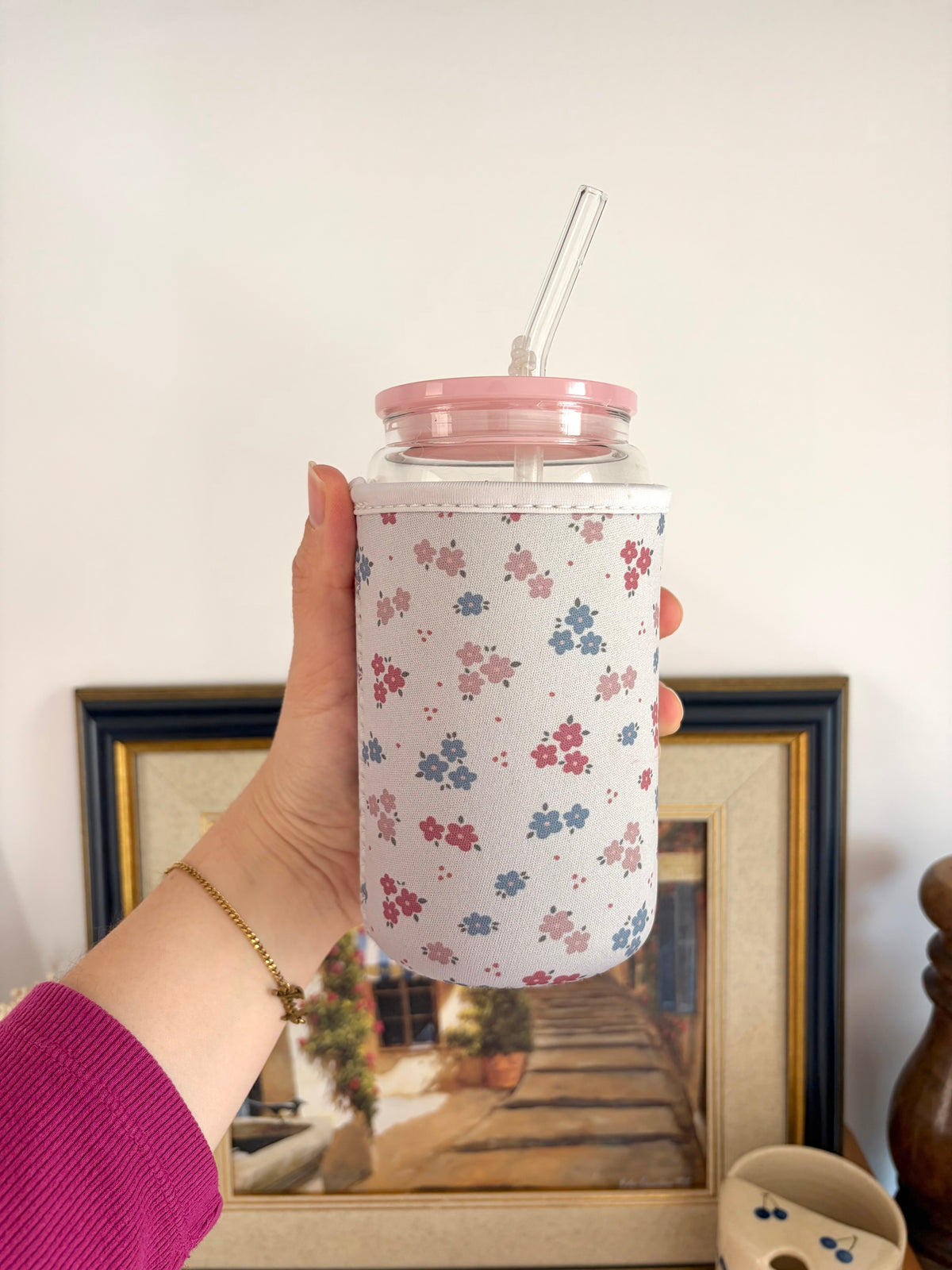 Manchon : Fleurs bleues et roses