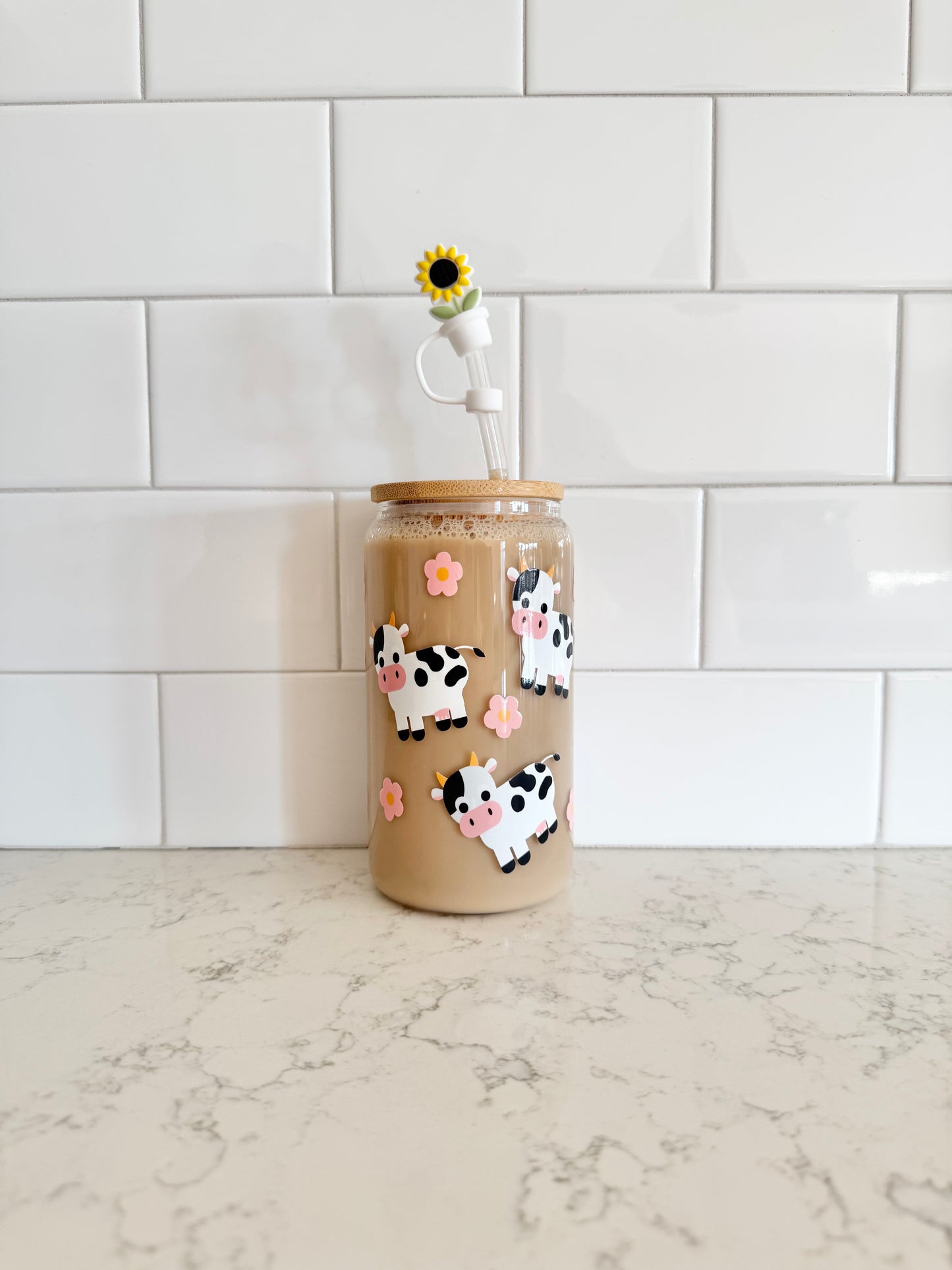 Verre : Vaches et fleurs